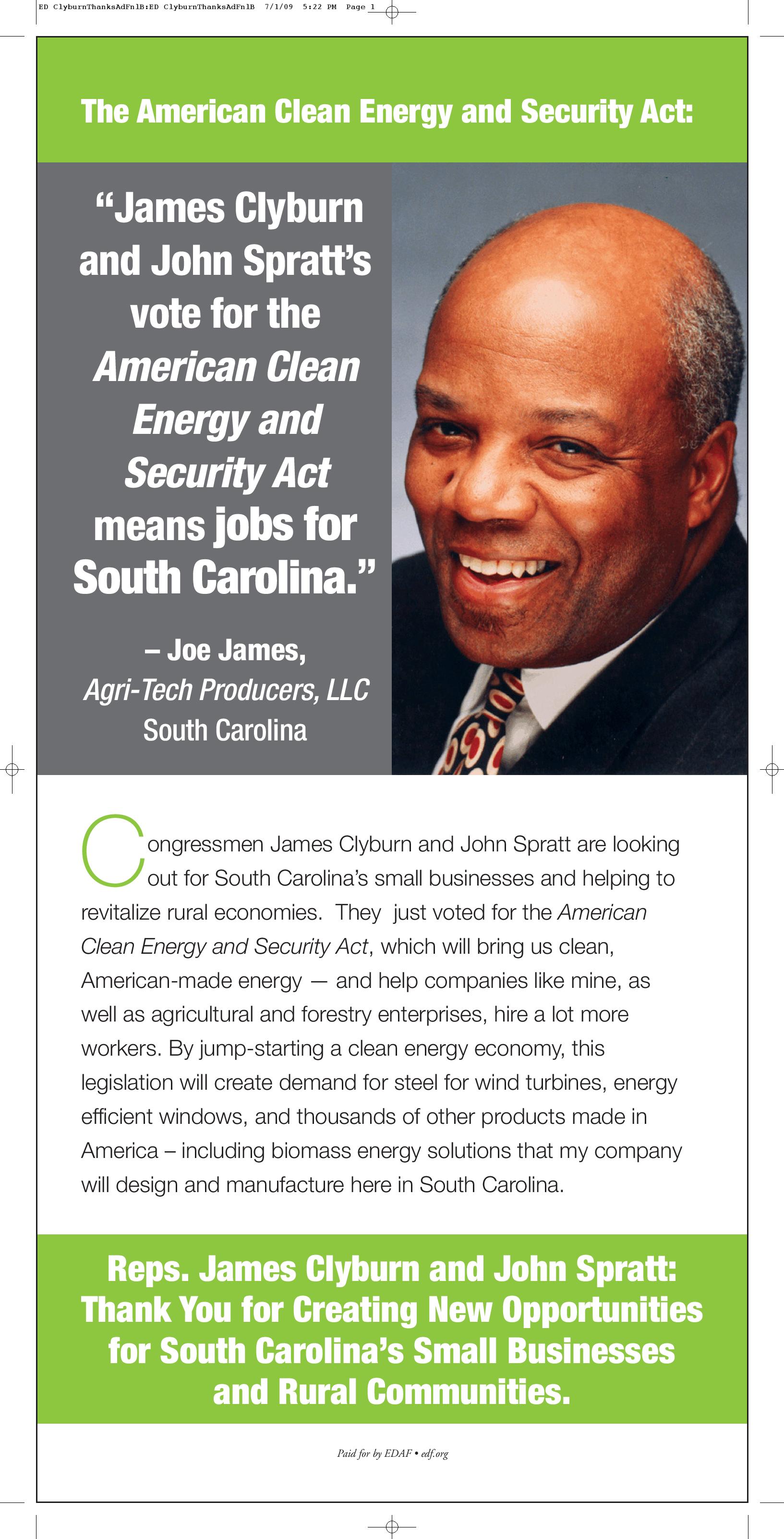 Thank You for Supporting the American Clean Energy and Security Act: Reps. James Clyburn and John Spratt