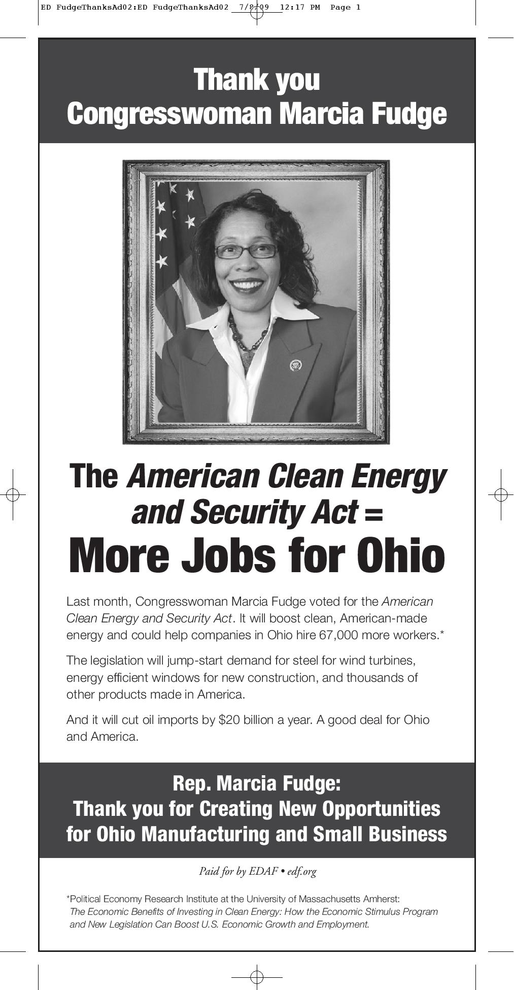 Thank You for Supporting the American Clean Energy and Security Act: Rep. Marcia Fudge