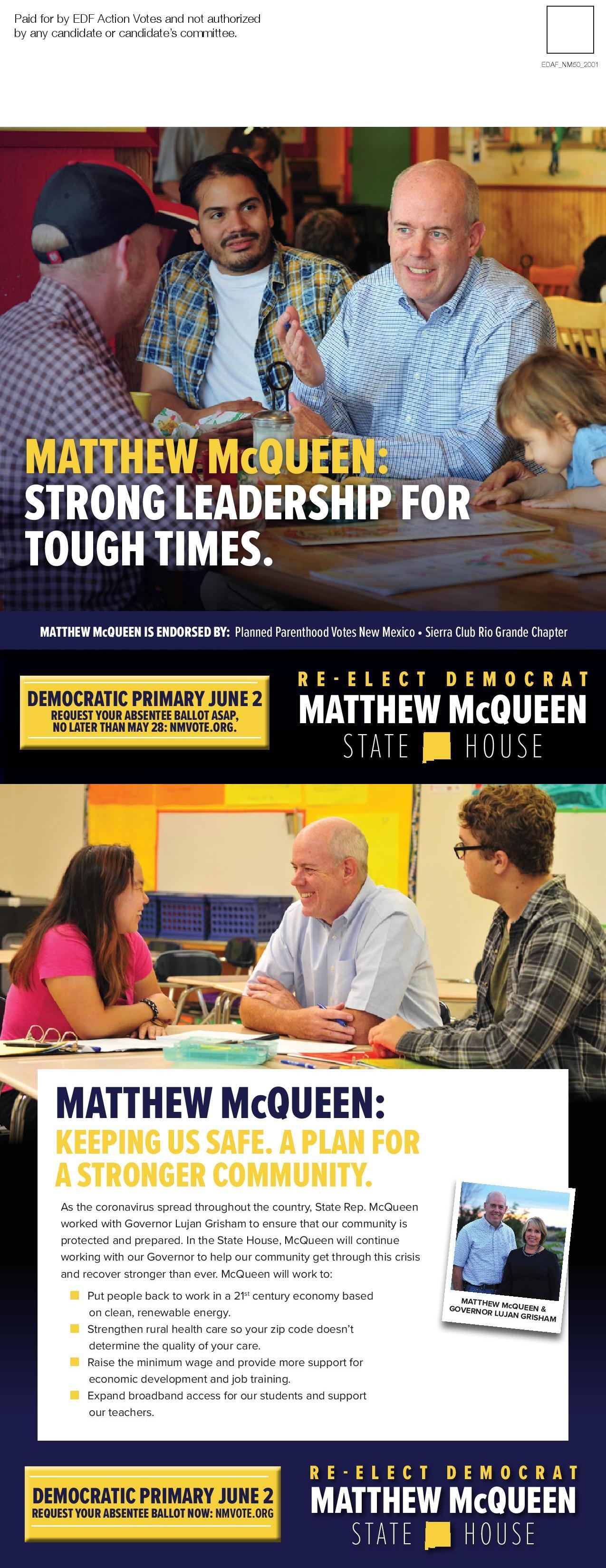 EDF Action Votes Mail Piece Supporting NM State Representative Matthew McQueen