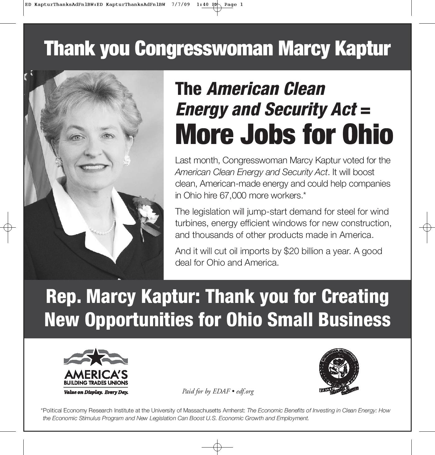 Thank You for Supporting the American Clean Energy and Security Act: Rep. Marcy Kaptur